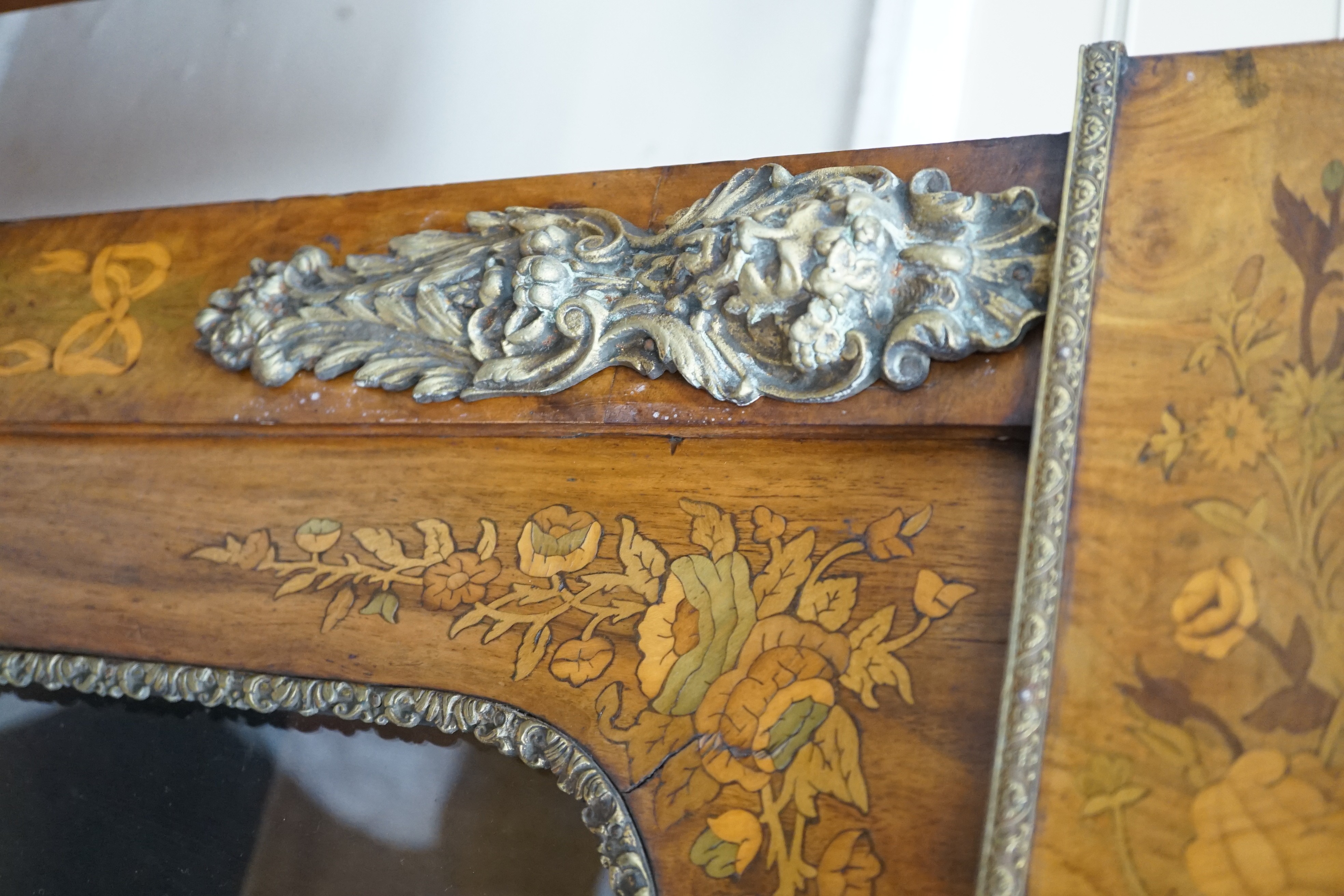 A pair of Victorian gilt metal mounted marquetry inlaid walnut pier cabinets, width 83cm, depth 31cm, height 115cm